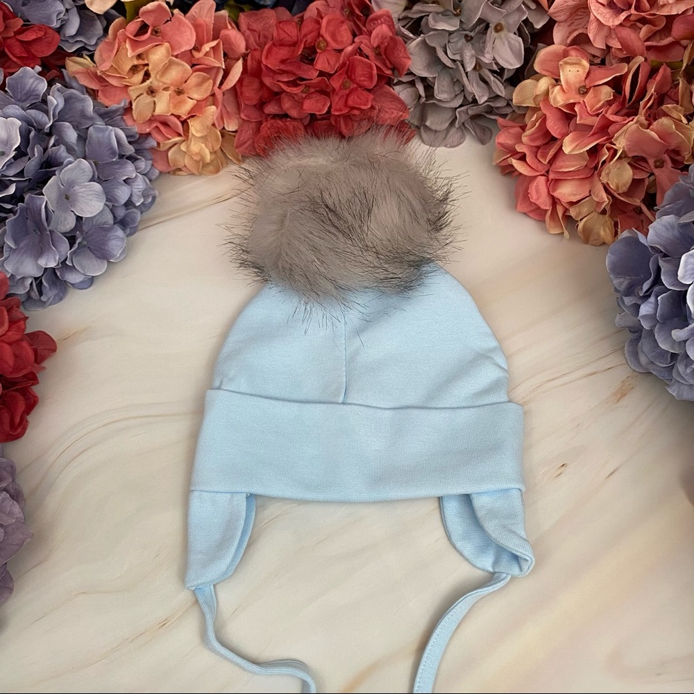 Blue Baby Beanie Hat with Gray Pom Pom and Earflaps - Picture 6 of 15